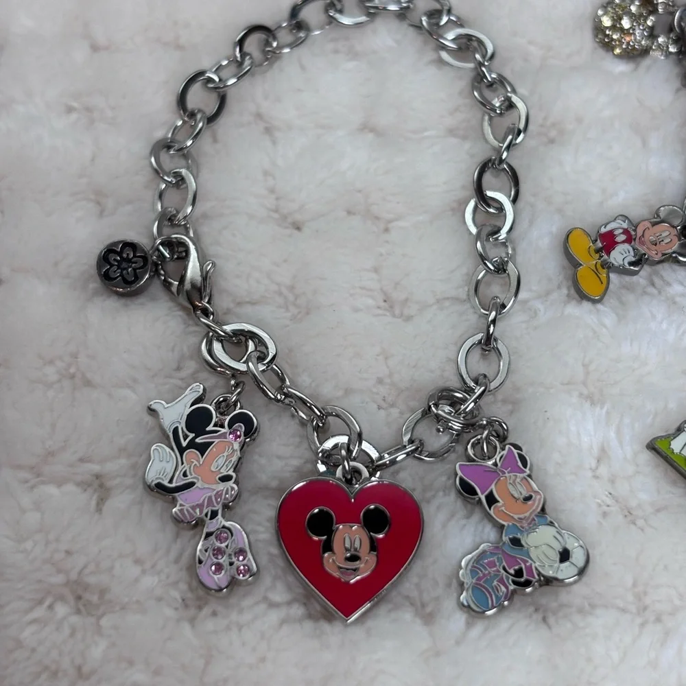 Disney Charm Bracelets with Mickey & Friends Charms - Silver Tone, Red Accent